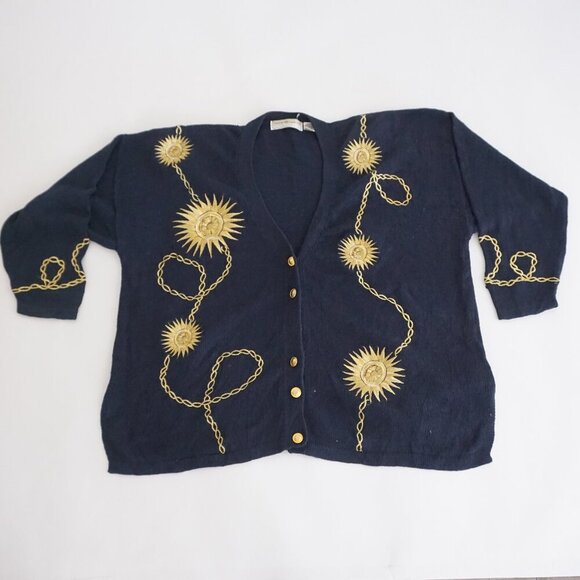 Vintage Maggie Lawrence Navy Gold Sun Chain Embroidered Knit Cardigan 22/24 - Picture 1 of 13